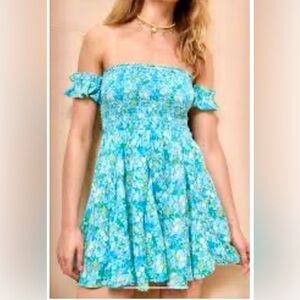 American Eagle Blue Green Off Shoulder Babydoll Smocked Dress Size Medium.
